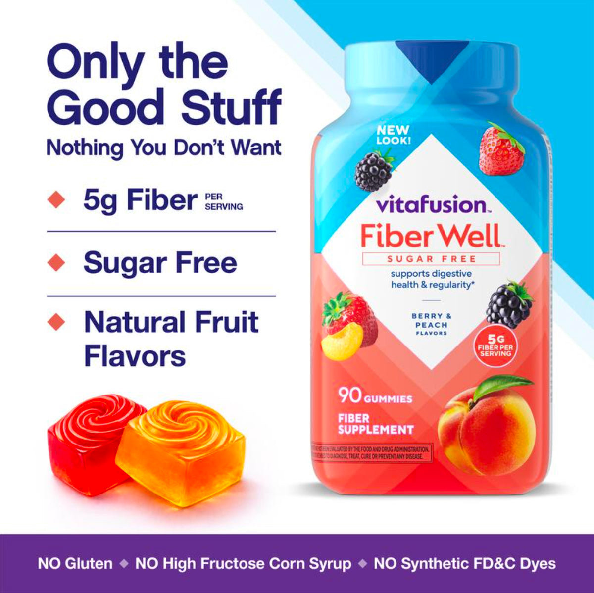 Fiber Well Sugar Free Fiber Gummies - Berry & Peach, 90 Count