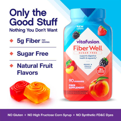 Fiber Well Sugar Free Fiber Gummies - Berry & Peach, 90 Count