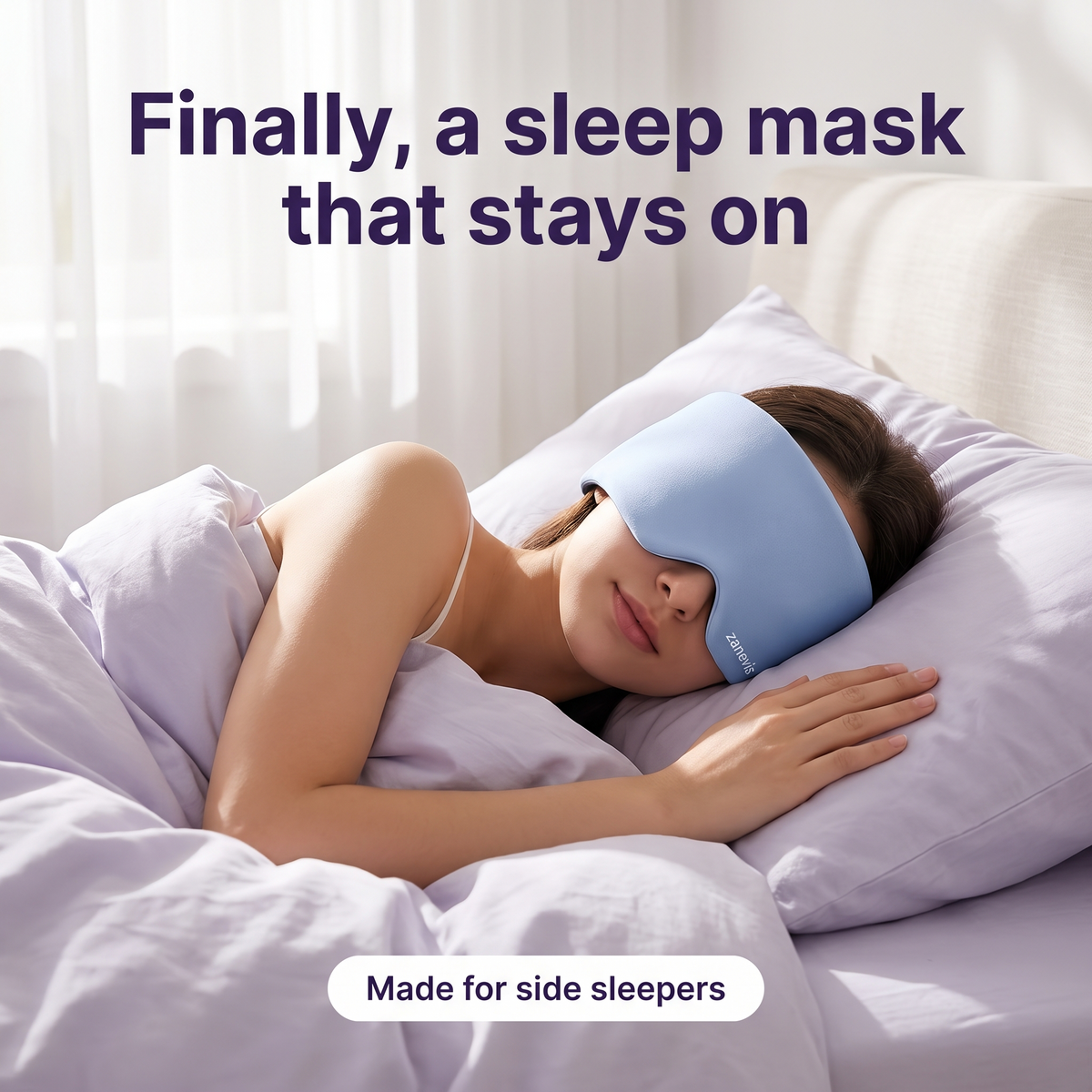 Woman sleeping on her side wearing the Zanevis weighted sleep mask