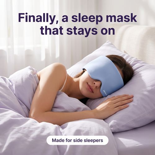 Woman sleeping on her side wearing the Zanevis weighted sleep mask