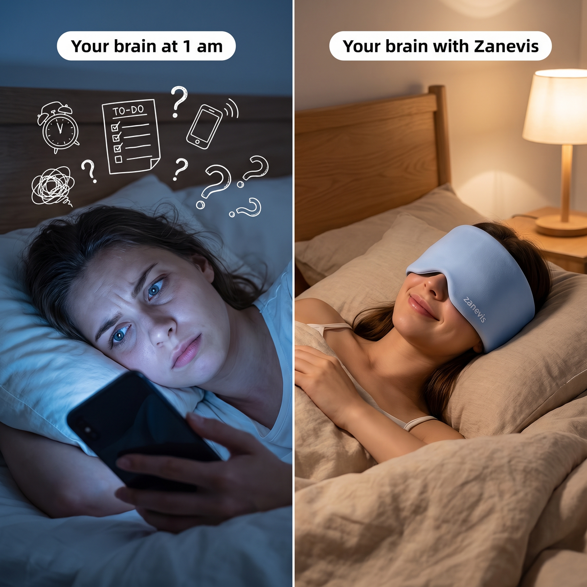 Your brain at 1 am vs your brain with the Zanevis weighted sleep mask