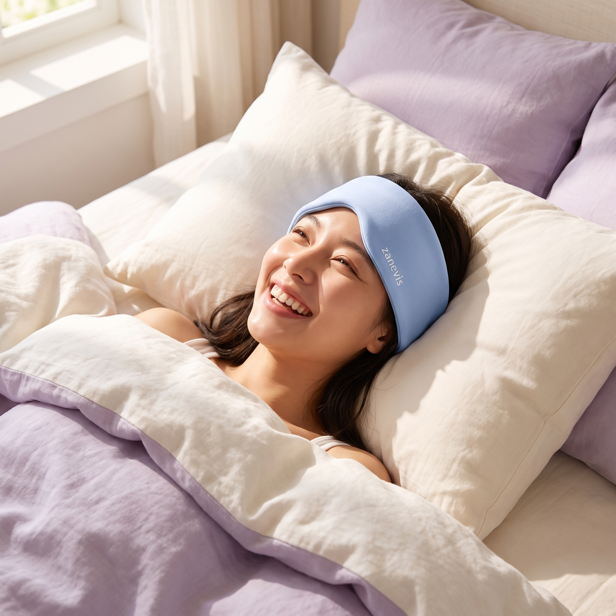Smiling woman in bed with the Zanevis weighted sleep mask on her forehead